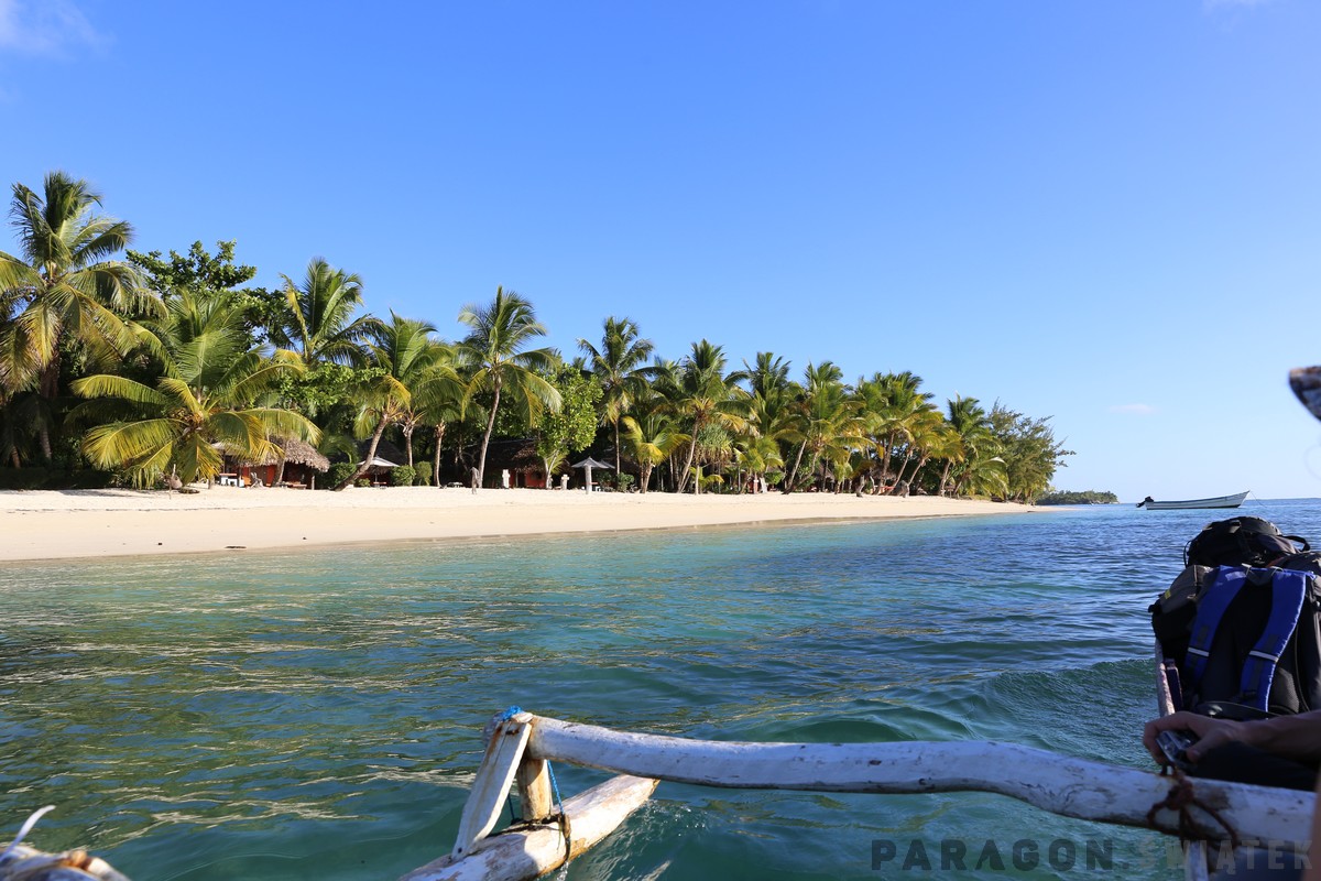 Błękitna tropikalna zatoka i palmy na Madagaskarze